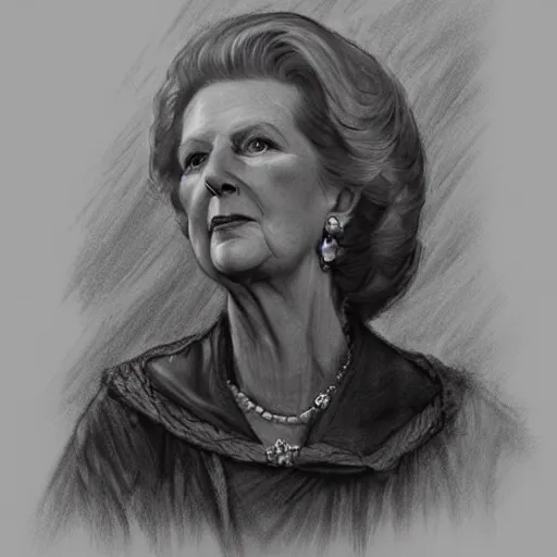 Prompt: beautiful lifelike award winning pencil illustration of margaret thatcher lay on a guillotine trending on art station artgerm greg rutkowski museum quality cinematic atmospheric