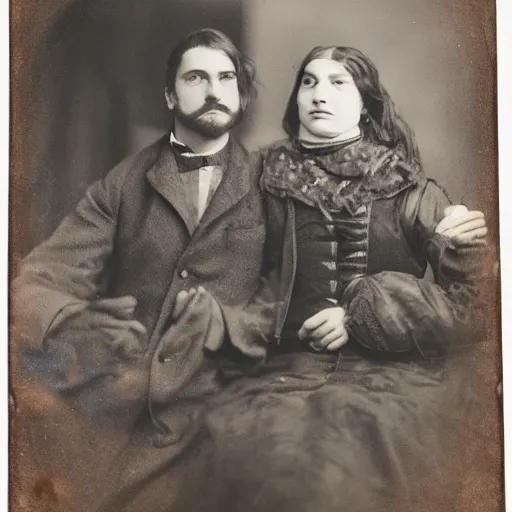 Prompt: Man and woman in love, longshot, daguerrotype