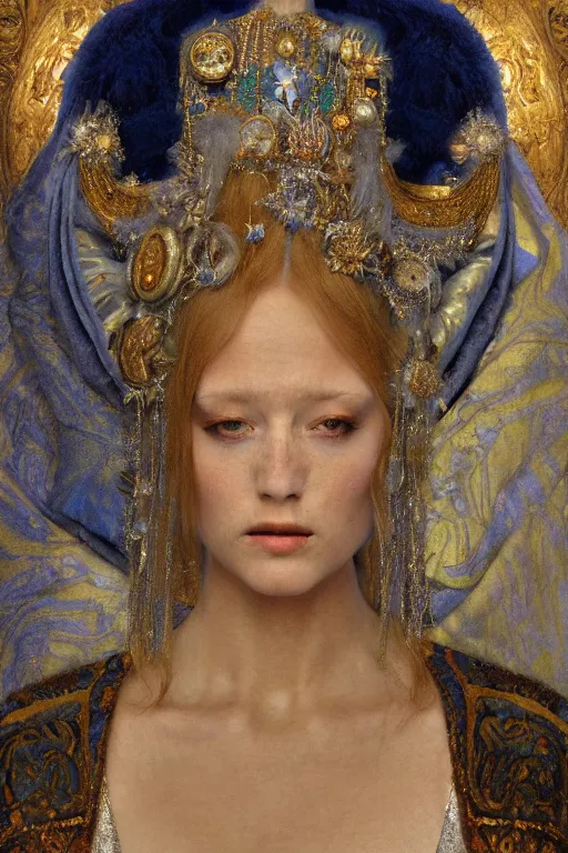 Prompt: coronation portrait of the ice queen, by Donato Giancola and John Bauer and John William Godward and Vermeer, embroidered velvet, iridescent beetles, rich color, ornate headdress, flowing robes, lost runes, ancient civilizations,featured on Artstation, cgisociety, unreal engine, extremely detailed