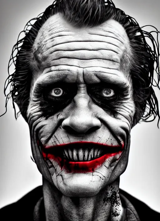 Prompt: photo of Willem Dafoe as the Joker by Lee Jeffries, head shot, detailed, award winning, Sony a7R
