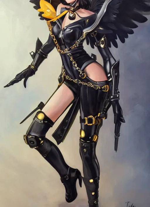 Image similar to full body artwork of tracer overwatch, wearing black latex outfit, in style of mark arian, angel wings, dramatic painting, wearing detailed leather collar, ornate highly detailed white shiny armor, chains, black harness, detailed face and eyes,