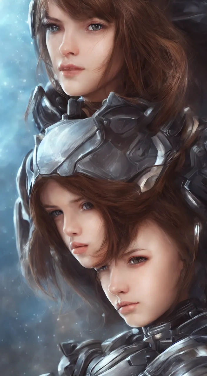 Image similar to detailed portrait of perfect brown haired girl, semi - android, tight armor, beautiful, pretty face, blue cyborg eyes, innocent, scifi, 4 k, sun yunjoo, ultra realistic, aura of light, cinematic lighting, highly detailed, sharp focus, artstation, masterpiece, art by hyungjin yang