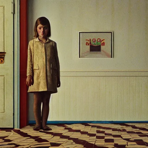 Image similar to an ivory girl in an soviet golden liminal abandoned room, film still by wes anderson, depicted by david lynch, limited color palette, very intricate, art nouveau, highly detailed, lights by hopper, soft pastel colors