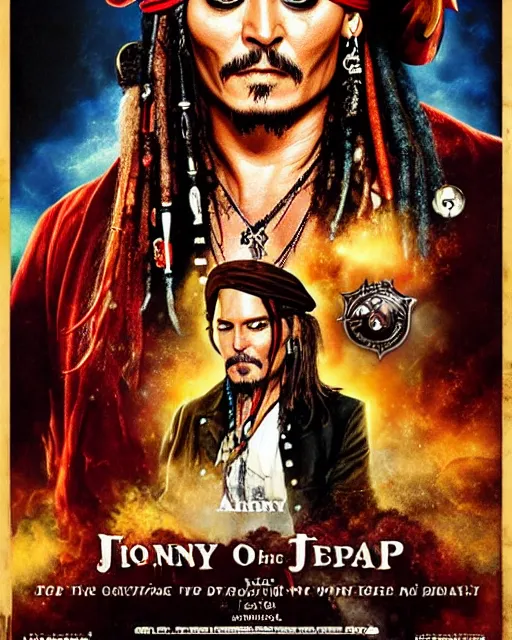 Prompt: < pirates of the prompt >!!!!! film poster featuring johnny depp, airbrush, drew struzan illustration art, key art, movie poster
