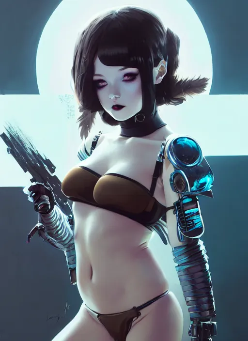 Image similar to portrait of cute goth girl in cyber bikini armor, face by ilya kuvshinov, warhammer, cyberpunk, by atey ghailan, by greg rutkowski, by greg tocchini, by james gilleard, by joe fenton, by kaethe butcher, dynamic lighting, gradient light blue, brown, blonde cream and white color in scheme, grunge aesthetic