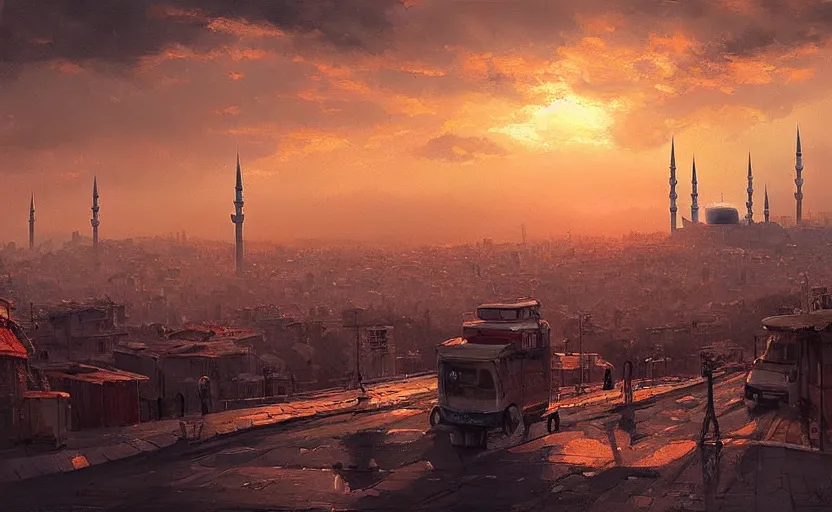 Image similar to painting of skyline of istanbul at sunset, natural light, concept art, by greg rutkowski, cozy atmospheric and cinematic lighting