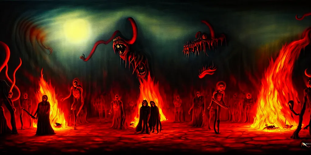 Image similar to repressed emotion creatures and monsters at the mouth of hell, dramatic lighting glow from giant fire, attempting to escape and start a revolution, in a dark surreal painting by ronny khalil