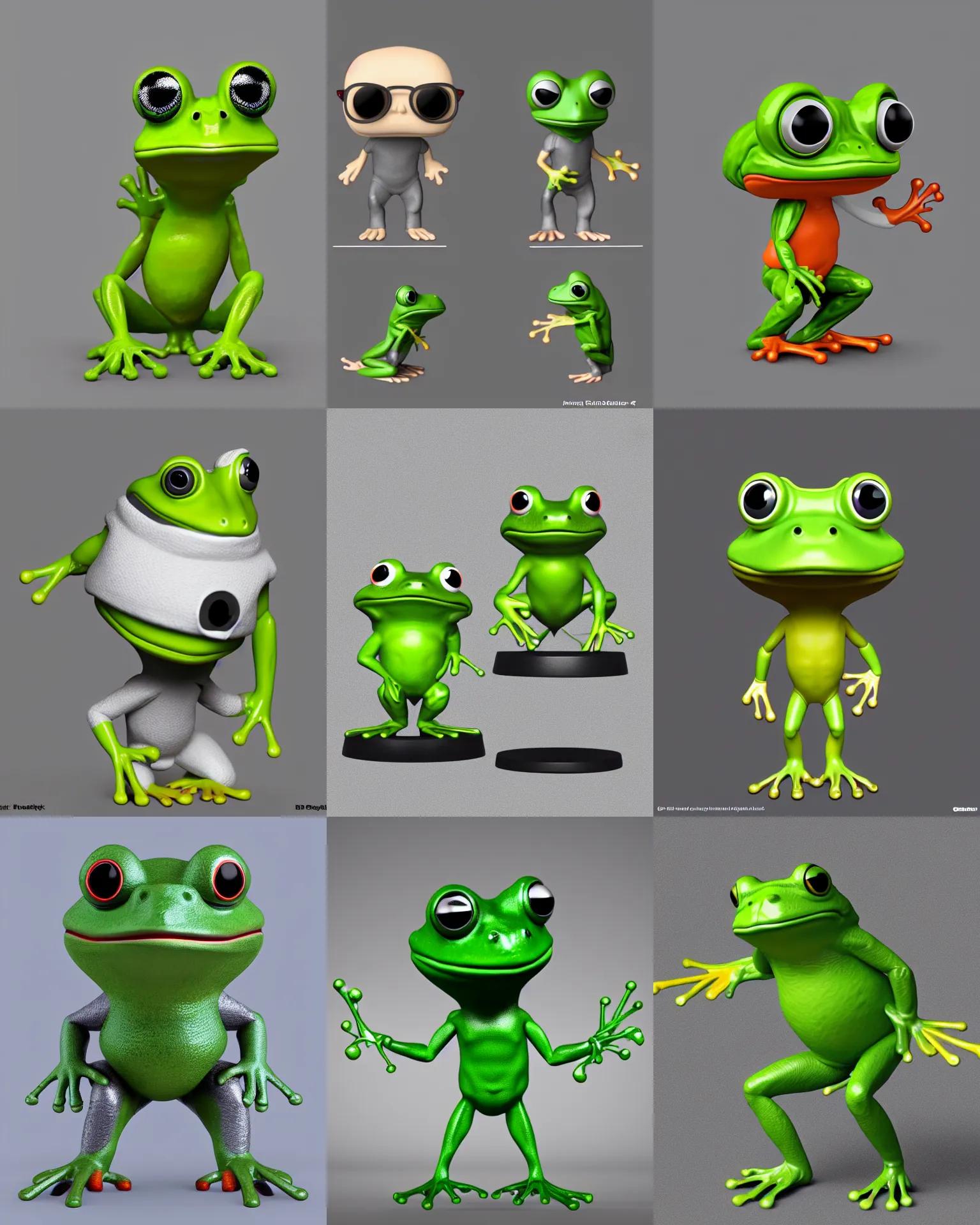 Prompt: full body 3 d render of frog pepe meme as a funko pop!, studio lighting, grey background, single body, no shadow, blender, trending on artstation, 8 k, highly detailed