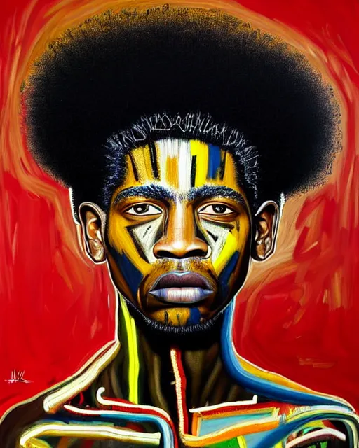 Prompt: A extremely ultra highly detailed majestic hi-res beautiful immaculate head and shoulders award winning painting stunning masterpiece of the face of a ultra highly detailed strong black African warrior man with an afro portrait by Jean-Michel Basquiat, 8k, high textures, ultra hyper sharp, insanely detailed and intricate, super detailed, 8k HDR ultra high quality, high detail, hyperrealist, photorealistic, octane render, cinematic, high textures, hyper sharp, 4k insanely detailed and intricate, surrealism, surrealist, real life, lifelike, 8k, hyper realistic, super detailed, realistic, 4k HDR hyper realistic high