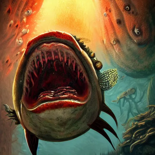 Prompt: a piranha watching a coral, horror photo, spooky, horror art, fantasy art, super detailed, light reflections, trending on artstation, hdr