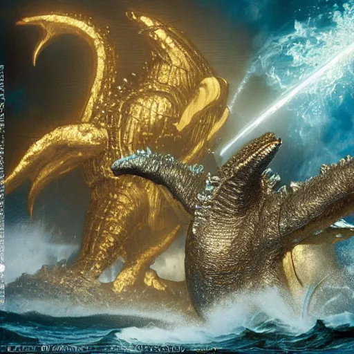 Image similar to whale in gold and silver armor fighting in the depths against godzilla, who has six arms and 5 0 legs