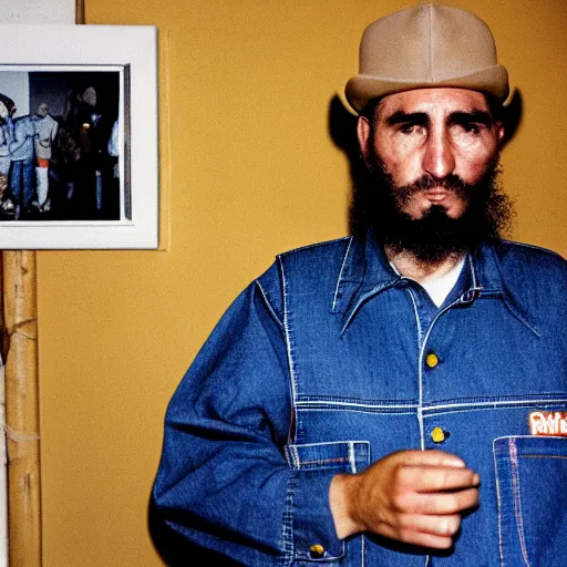 Image similar to fidel castro wearing denim overalls designed by supreme, portrait, 3 5 mm film, clear face, by nan goldin