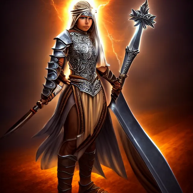 Image similar to cleric warrior with light powers, 4 k, hdr, smooth, sharp focus, high resolution, award - winning photo, anne stokes, photorealistic