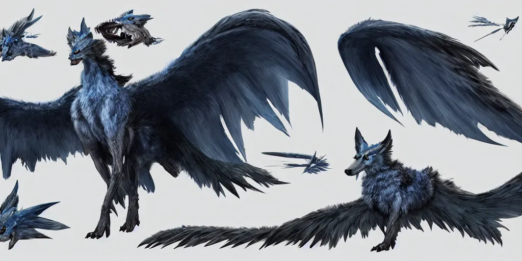 Image similar to Azure feathered winged wolf character design sheet, Monster Hunter Illustrations art book, big claws, huge wings, long tail, Moebius, Greg Rutkowski, Zabrocki, Karlkka, Jayison Devadas, Phuoc Quan, trending on Artstation, 8K, ultra wide angle, zenith view, pincushion lens effect.