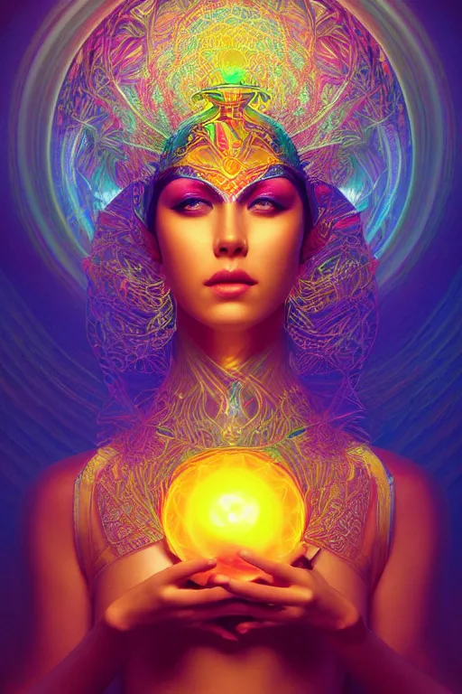 Prompt: a centered render of an alluring goddess wearing a psychedelic mask surrounded by a glorious sacred energy made from geometry and spiral mandel bulb fractals, powerful, cinematic, beautifully lit, by artgerm, by karol bak, 3 d, trending on artstation, octane render, 8 k