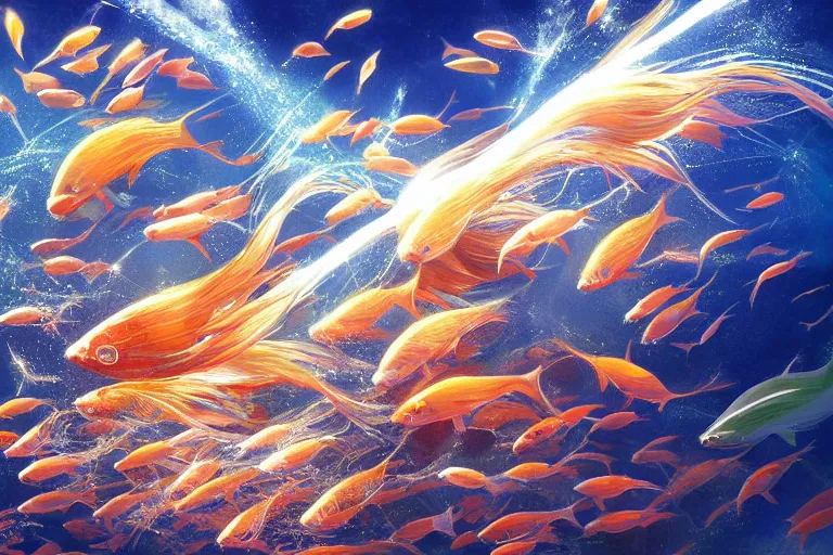Prompt: portrait of goldfishes swarming the ocean. shadow and light. rays of light. energetic, dynamic, lively, detailed, intricate, complex. fine art by hayao miyazaki, akira toriyama, and makoto shinkai.