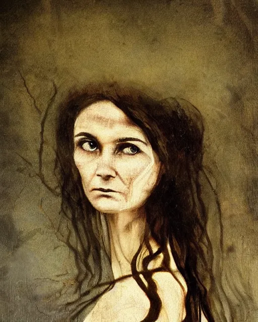 Prompt: a beautiful and eerie baroque painting of a gorgeous young woman who looks like shirley henderson, with wild hair and haunted eyes, 1 9 7 0 s, woodland, afternoon light, mixed media embellishments