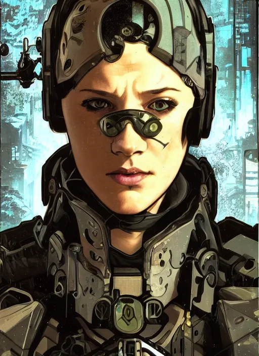 Image similar to cyberpunk blackops commander. cybernetic eyes. night vision. portrait by ashley wood and alphonse mucha and laurie greasley and josan gonzalez and james gurney. spliner cell, apex legends, rb 6 s, hl 2, d & d, cyberpunk 2 0 7 7. realistic face. dystopian setting.