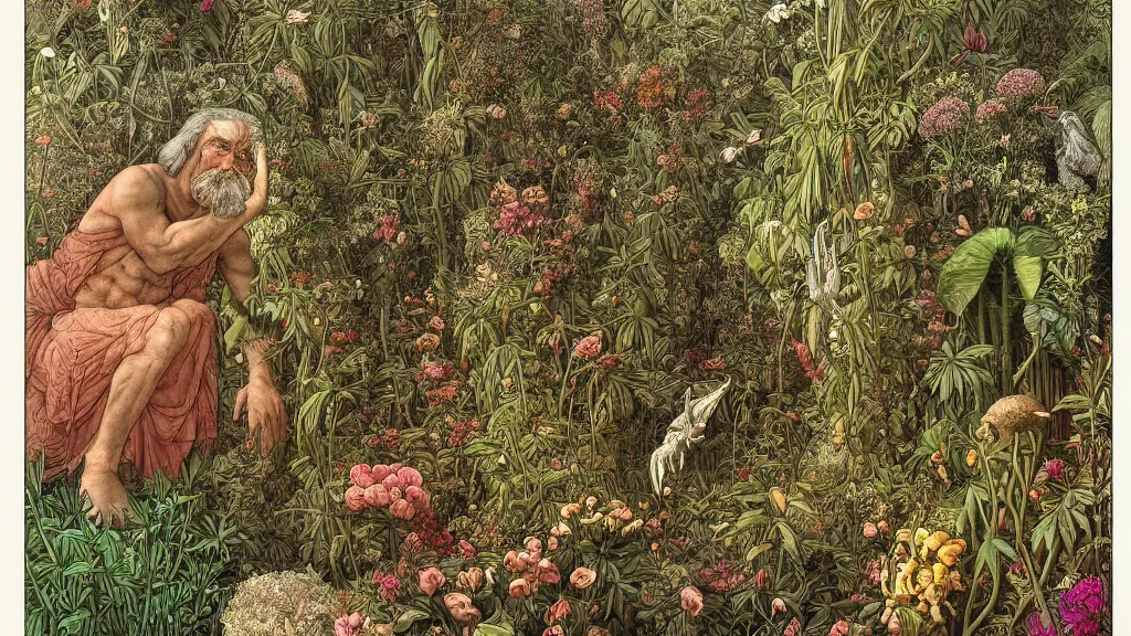 Image similar to highly detailed illustration of a human surrounded by all the known species of plants and flowers by juan gatti!, by moebius!, by leonardo da vinci, by oliver vernon!