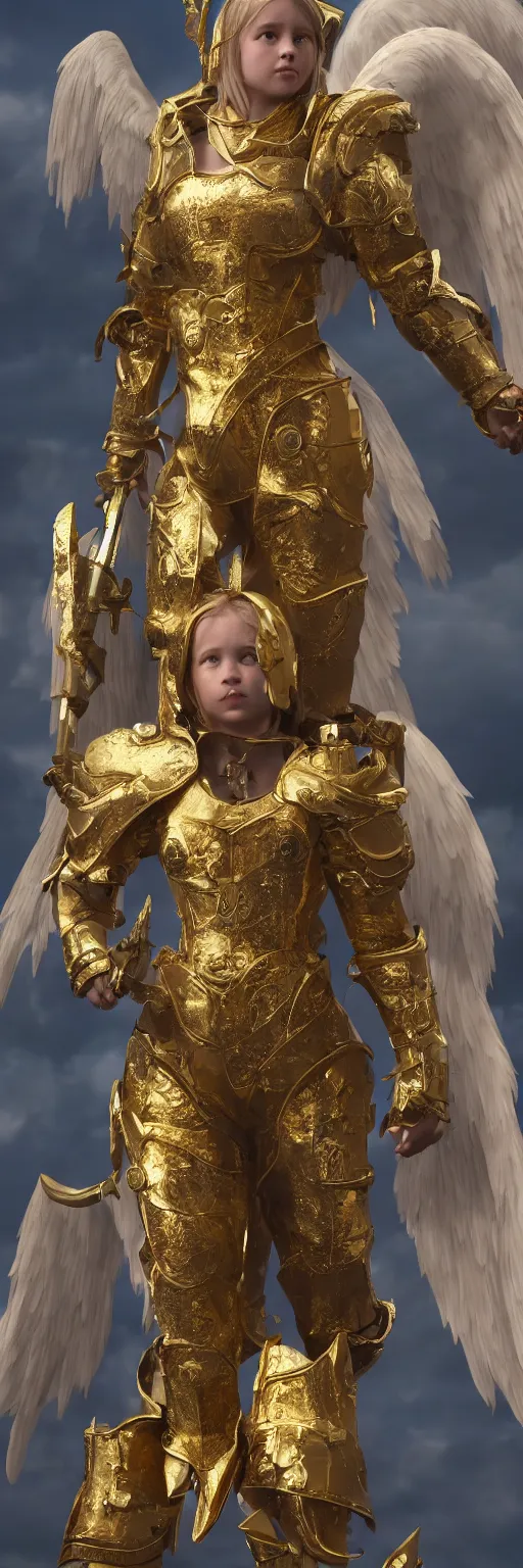 Prompt: a full length single young girl wearing a gold armor fighting angels in the sky, extremely realistic and highly detailed 8 k, sharp focus, octane render, dramatic volumetric lighting and extremely realistic faces