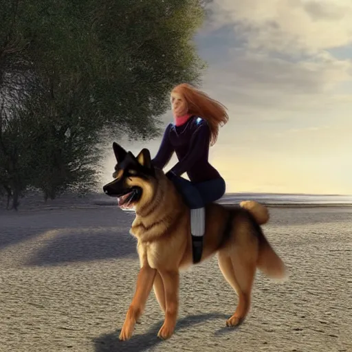 Image similar to girl riding a giant German shepherd at the beach, trending on artstation