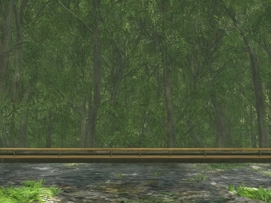 Image similar to a bridge over a body of water next to a forest, a screenshot by the mazeking, polycount, photorealism, xbox 3 6 0 graphics, hd mod, prerendered graphics