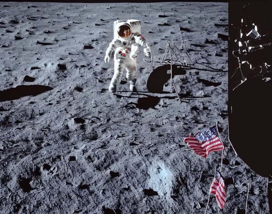 Prompt: One small step for man, one giant leap for man kind; zombie Neil Armstrong lands on the moon hoisting a neon American flag; cyberpunk moon landing; rendered by unreal engine 5; ultra high detail painting; 4K 8K; stunning composition; illustration; rich hues; saturated Miami Vice neon