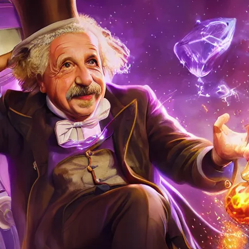 Image similar to portrait of albert einstein as willy wonka, league of legends amazing splashscreen artwork, fantasy, splash art, natural light, elegant, photorealistic facial features, intricate, fantasy, detailed face, atmospheric lighting, anamorphic lens flare, cinematic lighting, league of legends splash art, hd wallpaper, ultra high details by greg rutkowski