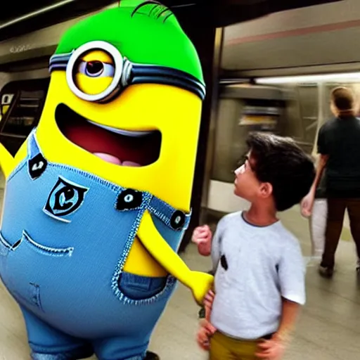 Prompt: subway jared luring minion with a banana