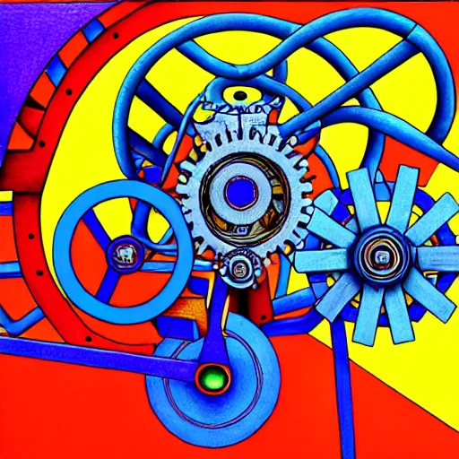 Image similar to a complicated time travel machine engine contraption with sprockets springs cranks cylinders hoses pistons, high detail, intricate abstract, detailed abstract, isometric, optical illusion, cubism, color pencil, bright colors, vivid colors, hyper detailed, high resolution, artstation, created by M.C. Escher