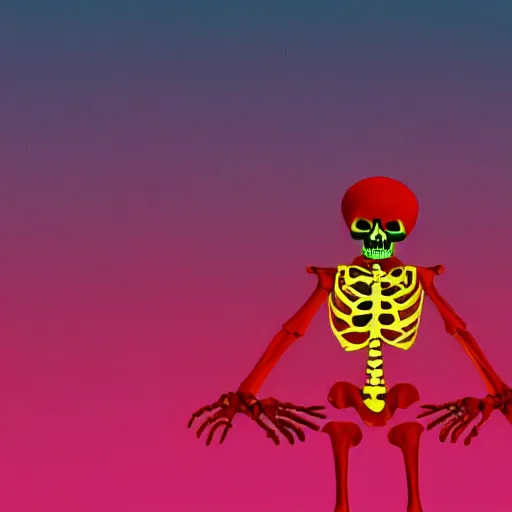 Image similar to A red skeleton infront of a vapourwave background