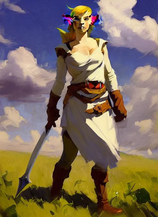 Image similar to Greg Manchess painting of Zelda from Legend of Zelda, countryside, calm, fantasy character portrait, dynamic pose, above view, sunny day, thunder clouds in the sky, artwork by Jeremy Lipkin and Giuseppe Dangelico Pino and Michael Garmash and Rob Rey, very coherent asymmetrical artwork, sharp edges, perfect face, simple form, 100mm