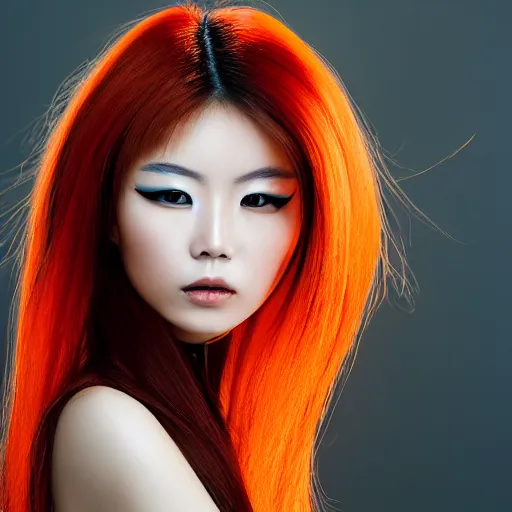 Prompt: portrait of beautiful young Chinese female model wearing a cybergothic outfit and hair with bright orange streaks, golden hour in Beijing, Zeiss 150mm f2.8 Hasselblad