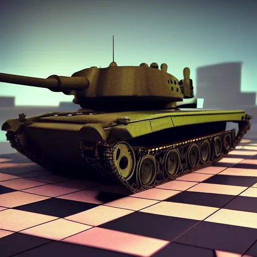 Image similar to a tank driving across a chessboard, 3 d render, 8 k, octane, artstation