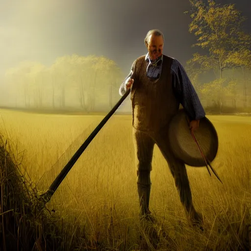 Image similar to full body, concept art, man with scythe, mowing of the hay, traditional hungarian clothing, dramatic lighting, beautiful, volumetric lighting, colorful, octane render