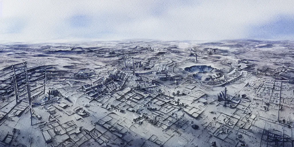 Prompt: norilsk russian town, sci fi, lunar soil, city on the moon, a detailed image of a future norilsk base, minimal masterpiece watercolor painting, trending on artstation