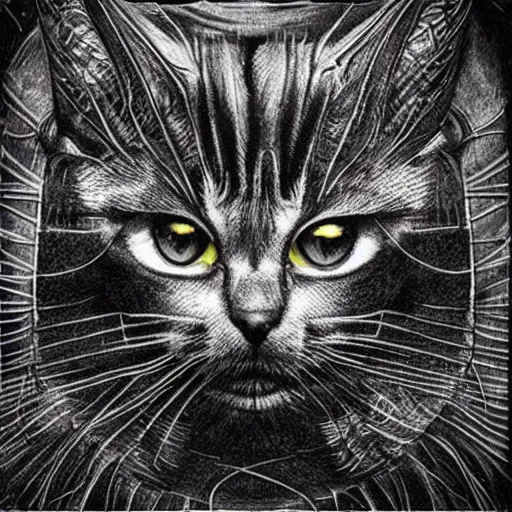 Image similar to “ a cat in the style of hr giger ”