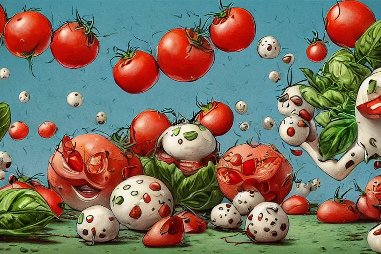 Prompt: a highly detailed cartoon of tomatoes playing with mozzarella balls, some sliced in half, basil leaves flying all over, playful vibe, full body, wide angle, an ultrafine detailed painting by joe fenton, trending on deviantart, pop surrealism, whimsical, lowbrow, perfect symmetrical face, sharp focus, octane, masterpiece