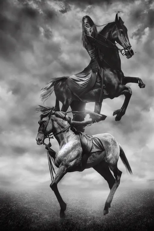 Image similar to self - transforming machine - elf riding horse and holding chalice in the style of nordic noir television, dmt fractal, moody photography, grayscale, double exposure, knight of cups, etteilla tarot