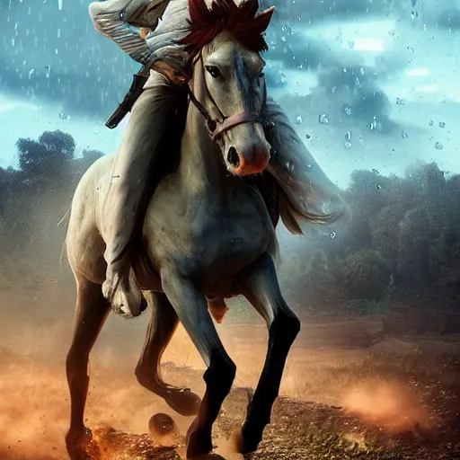 Image similar to eren yeager riding minecraft horse, beautiful face, stunning, octane render 8 k hdr, redshift render, rule of thirds, cinematic lighting, rainy weather, melancholy atmosphere, sharp focus, backlit, smooth, hard focus, full body shot, instagram photo, shot on sony a 7 iii, hyper realistic, cinematic