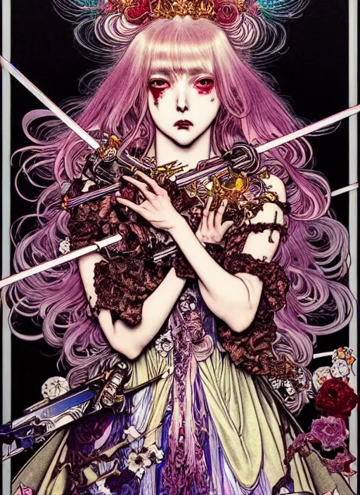 Image similar to highly detailed terada katsuya artstation ayami kojima manga poster of princess mechine open mouthed enraged damaged angry zombie, rainbow gradient reflection, long hair, armor, dress, laces, ruffles, 8 k, maximalist,, jump comics, tomer hanuka, alphonse mucha