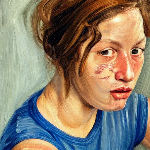 Prompt: high quality high detail painting by lucian freud, hd, blue hair beautiful girl portrait, photorealistic lighting