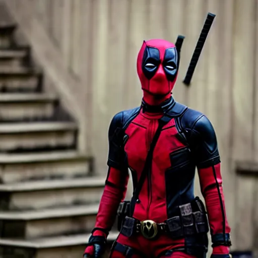 Prompt: film still of Margot Robbie as deadpool,