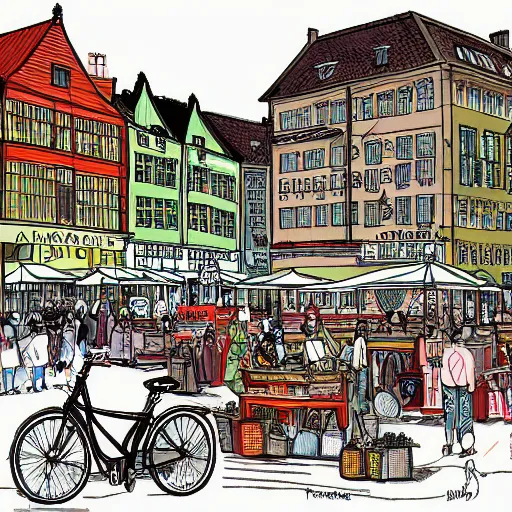 Prompt: detailed wimmelbilder cartoon image of a city square with shops and cars and bicycles and stands