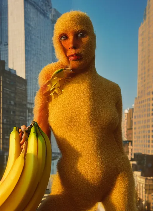 Image similar to photorealistic photograph of a banana / human hybrid creature, 3 5 mm film, fuji, leica s, nyc, in the style of fashion photography, intricate, golden hour sunlight, kodachrome