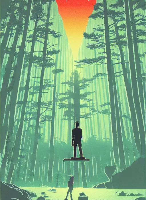 Prompt: a transparent glass movie poster of a male cyberpunk explorer meditating in an ancient forest, midnight, risograph by ghostshrimp, kawase hasui, josan gonzalez, jean giraud, moebius and edward hopper, colourful flat surreal design, in the style of oxenfree, super detailed, a lot of tiny details, negative space