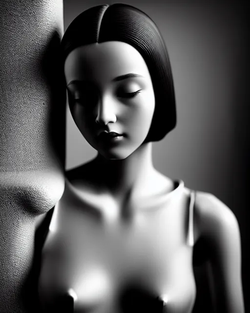 Image similar to black and white dreamy young beautiful female artificial intelligence, cinematic, rim light, photo - realistic, elegant, high detail, 8 k, masterpiece, photo taken in 1 9 3 0