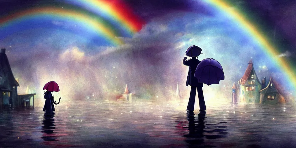 Image similar to a realistic and atmospheric cell - shaded concept art from howl's moving castle ( 2 0 0 4 ) of a rainbow colored ufo in the air. a man with an umbrella is standing in a flooded parking lot. it is a misty starry night. very dull muted colors, hd, 4 k, hq