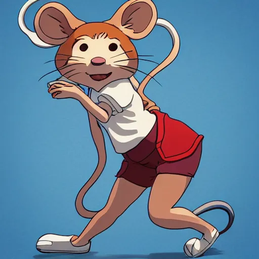 Image similar to in the style of studio ghibli, anthropomorphic mouse, female, wearing denim shorts and tank top, detailed, intricate, aesthetic, artistic, ambient occlusion, volumetric light effect, 8 k resolution