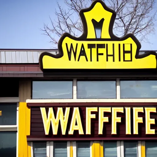 Image similar to wafflehouse employee's standing below wafflehouse sign